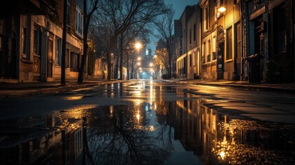 Isolated empty city street at night with rain reflections