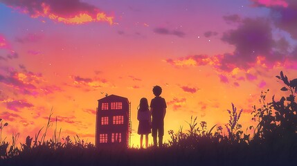 anime couple enjoying quiet sunset standing on hill with golden hues