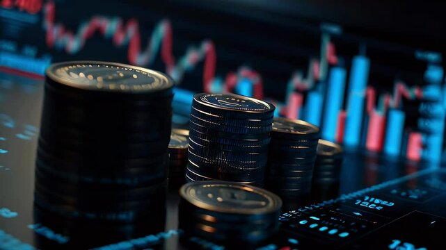 Coin Stacks on Graphic Interface with Financial Chart in Background for Trade.