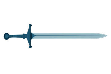 A sleek sword with a broad blade and ornate handle, showcasing a brilliant blue hue and elegant design.