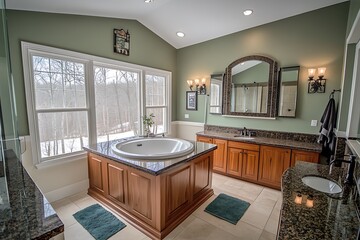 Luxurious bathroom with a spa tub, large windows, and elegant wooden cabinetry.