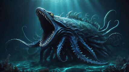 mythical sea creature emerging from the depths of the ocean