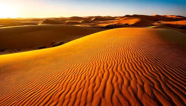 Stunning sunset over dramatic desert dunes.  Rich, textured sand ripples create a captivating landscape perfect for travel, adventure, and nature-themed projects.