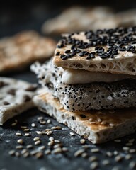 Close-up of stacked flatbreads topped with sesame seeds, creating an inviting and textured food scene.