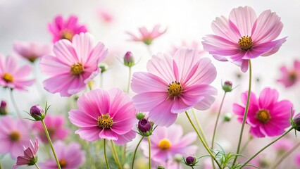 Delicate pink cosmos bloom in miniature, soft focus highlighting their vibrant petals against a white backdrop.