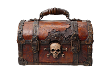 A weathered treasure chest adorned with a skull motif and metal accents, reflecting a classic pirate aesthetic.