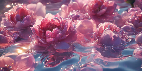 Beautiful pink flowers floating on tranquil water surface.