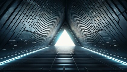 Symmetry, vibrant blue and orange neon lighting, reflective surfaces, and a sense of infinite depth.