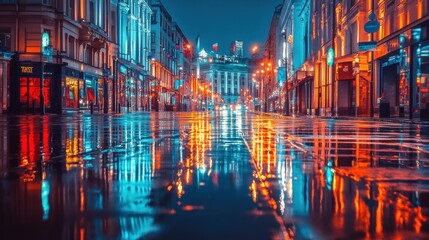 Obraz premium Vibrant Night City Street Reflection in Rain Illuminated Architecture and Neon Lights - Stunning Urban Landscape Photography