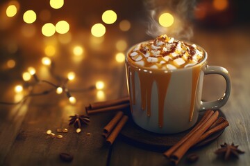 Obraz premium A warm cup of caramel latte with whipped cream, surrounded by spices and soft glowing lights.