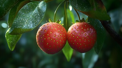 Obraz premium Two ripe strawberries hang on a plant