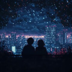 Fototapeta premium anime love couple gazing at city from rooftop