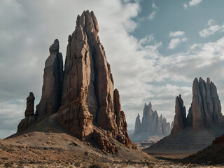 Towering Rock Spires: Towering rock spires rising dramatically against a backdrop of a pale sky, their jagged formations creating a surreal and awe-inspiring landscape.