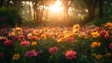 Obraz premium A lush flower garden with a glowing text overlay area
