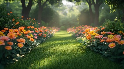 A lush flower garden with a glowing text overlay area