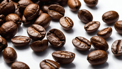 Obraz premium Roasted coffee beans on a white background. Suitable for coffee brands, cafes, or food and beverage concepts. Warm and inviting