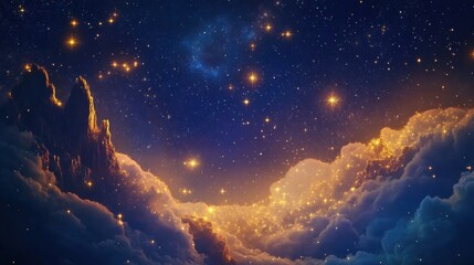 Fototapeta premium Magical Golden Celestial Landscape Starry Night Sky over Luminous Clouds and Mountain Peaks