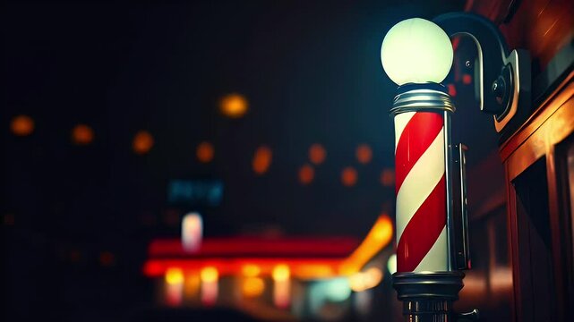 Barber pole lights outside store front, night view, with bokeh lights in the background.