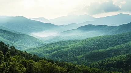 Fototapeta premium Verdant Mountains Rolling Hillscape Under Misty Sky
