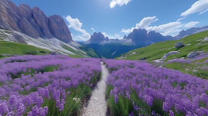 Lavender field path through mountain valley.