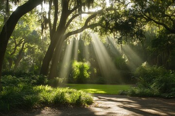 Magical Sunbeams Filtering Through Ancient Live Oak Trees in a Lush Southern Garden - Serene Nature Photography