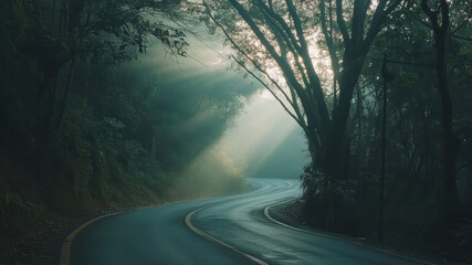 Obraz premium Cinematic Landscape Featuring a Winding Road Illuminated by Soft Sunlight Through Trees