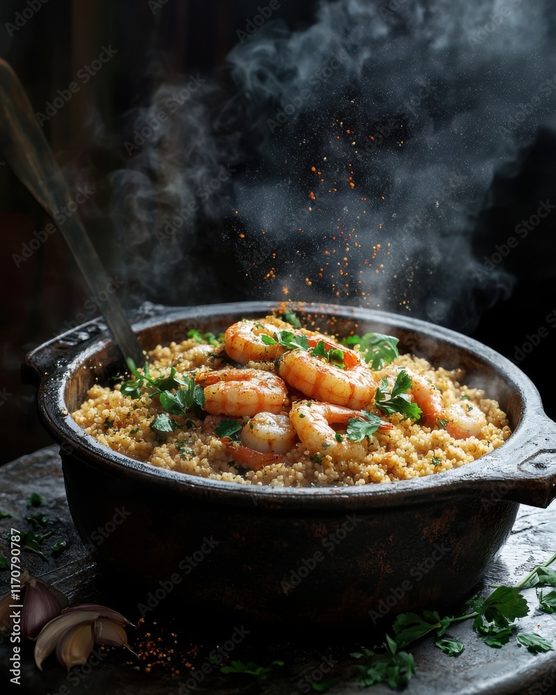 Canvas Prints A vibrant dish featuring succulent shrimp atop fluffy couscous, garnished with fresh herbs and spices.