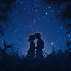 Obraz premium anime couple embracing under stars with soft focus background