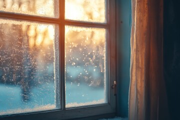 Frosty Winter Window Pane with Golden Sunset Light - Cozy Home Interior Scene