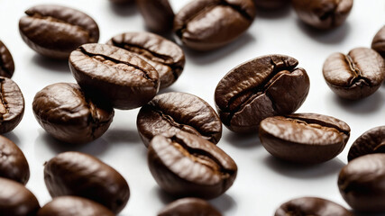 Obraz premium Roasted coffee beans on a white background. Suitable for coffee brands, cafes, or food and beverage concepts. Warm and inviting