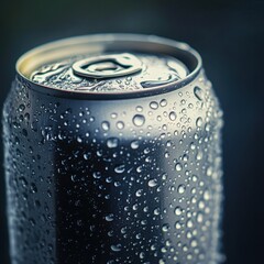 Close-up of a Cold, Sweaty Aluminum Soda Can with Water Droplets - Refreshing Drink Concept