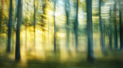 Abstract Golden Hour Forest Motion Blur Photography of Sunlit Trees and Lush Green Undergrowth