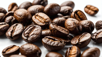 Obraz premium Roasted coffee beans on a white background. Suitable for coffee brands, cafes, or food and beverage concepts. Warm and inviting