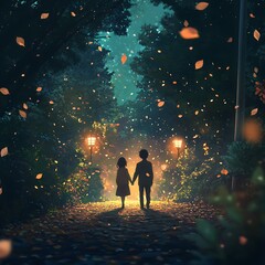 Obraz premium anime couple walking on forest path in autumn holding hands