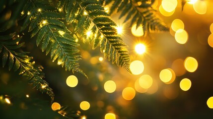 Magical Golden Bokeh Lights Shimmering Through Lush Green Fern Leaves - Nature Background
