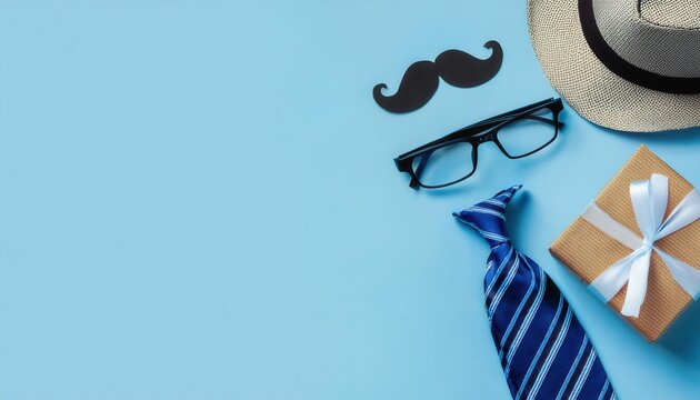 Creative Father's Day Photo. Straw Hat, Black Glasses, Striped Blue Tie, and Mustache on Minimal Blue Background. Perfect for Greeting Cards, Social Media Posts, Celebration Graphics with Copy Space