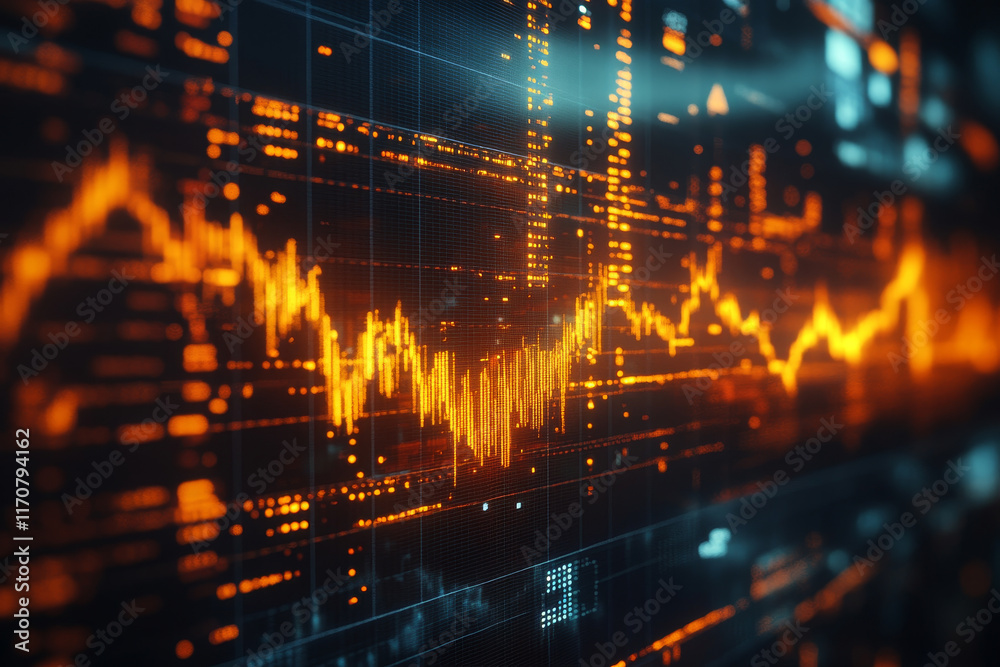 Poster dynamic financial data visualization with glowing orange lines and graphs