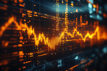 Dynamic financial data visualization with glowing orange lines and graphs