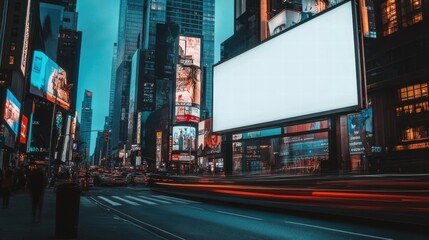 Times Square New York City at Night Vibrant Cityscape with Blank Billboard for Advertisement Mockup