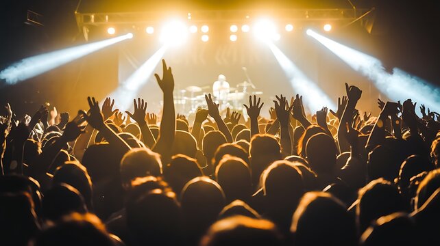 Enthusiastic crowd enjoying a live concert in a lively venue with bright stage lighting - Powered by Adobe