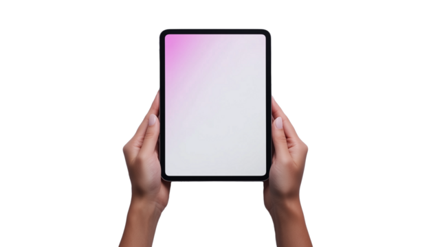 woman hands holding tablet mockup isolated on transparent background - Powered by Adobe