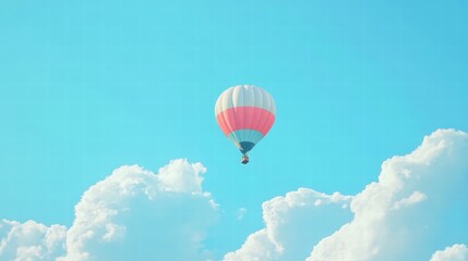 Fototapeta premium Serene Hot Air Balloon Soaring Through a Pastel Blue Sky with Fluffy White Clouds - Freedom, Adventure, Travel Photography