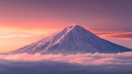 Fototapeta premium Majestic Snow-Capped Mountain Peak at Sunrise, Dramatic Pink and Purple Sky, Cloudscape Background