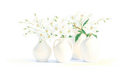 A delicate watercolor art piece featuring a lush arrangement of white flowers in elegant, creamy white ceramic pots, set against a soft, gradient background