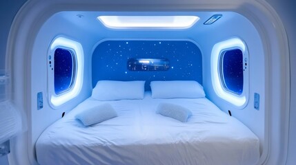 Fototapeta premium Modern Hotel Room with Space Theme and Soft Lighting