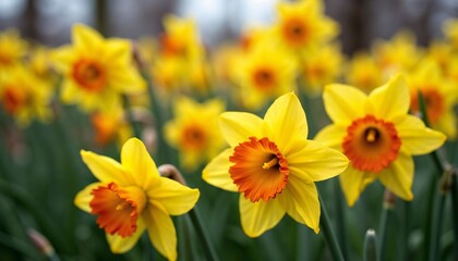 Fototapeta premium Bright daffodils blooming in a beautiful garden setting with a soft focus background