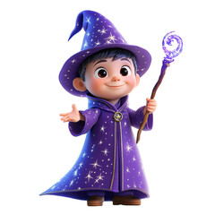 A cheerful young wizard in a starry purple robe holding a magical wand.