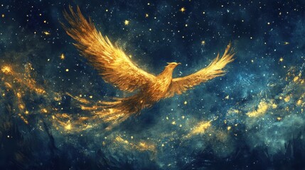Golden Phoenix Soaring Through a Starry Night Sky Mystical Fantasy Art