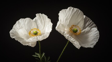 Two pristine white poppy flowers against a black backdrop, showcasing delicate petals and a vibrant yellow center.