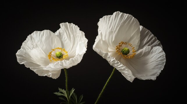Fototapeta Two pristine white poppy flowers against a black backdrop, showcasing delicate petals and a vibrant yellow center.